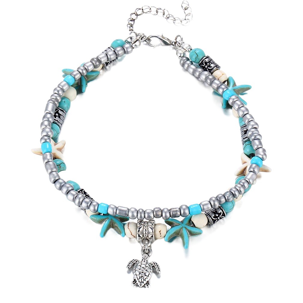 PZCC1879 Tobillera de doble capa estilo coreano con concha, estrella de mar, cuentas de semillas, pulsera con colgante de tortuga de yoga para playa, estilo playero image 1