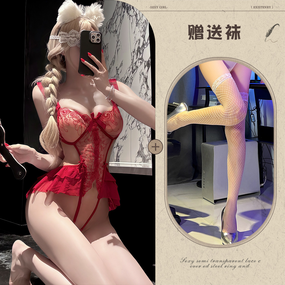 버건디 + 화이트 망사 스타킹