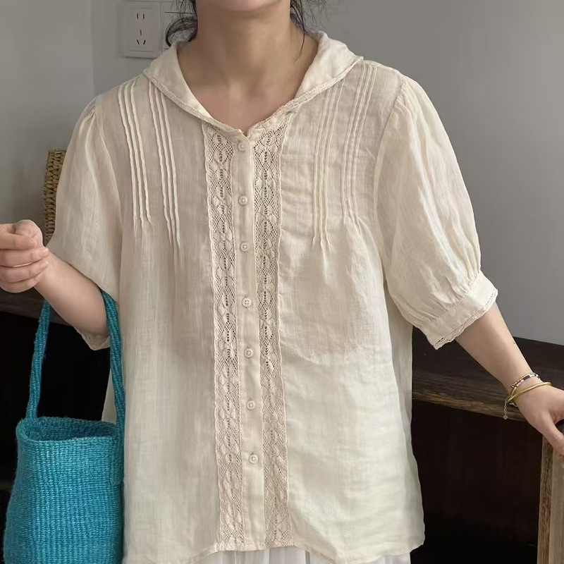 Sweet Lace Splicing Navy Collar Ramie Shirt Design Top 2025 Summer Sweet Lace Splicing Navy Collar Ramie Shirt Design Top 2025 Summer