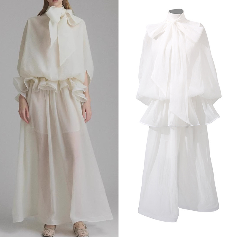 French-Style Pure Desire Fashion 2026 Summer New Long Dress with Bow Tie Collar, Ruffled Waist, and Solid Color Dress for Women French-Style Pure Desire Fashion 2026 Summer New Long Dress with Bow Tie Collar, Ruffled Waist, and Solid Color Dress for Women