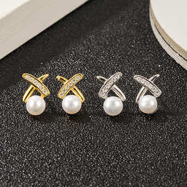 韩国INS原创设计S925纯银珍珠交叉耳钉镶钻网红个性百搭潮流耳饰