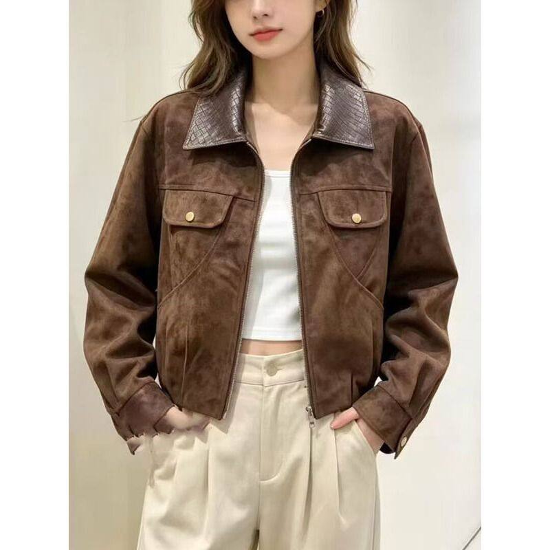 Áo khoác ngắn nữ cổ bẻ dáng rộng phong cách thanh lịch công sở — Màu kaki (bản cao cấp), Màu nâu cà phê (bản cao cấp) chi tiết 4