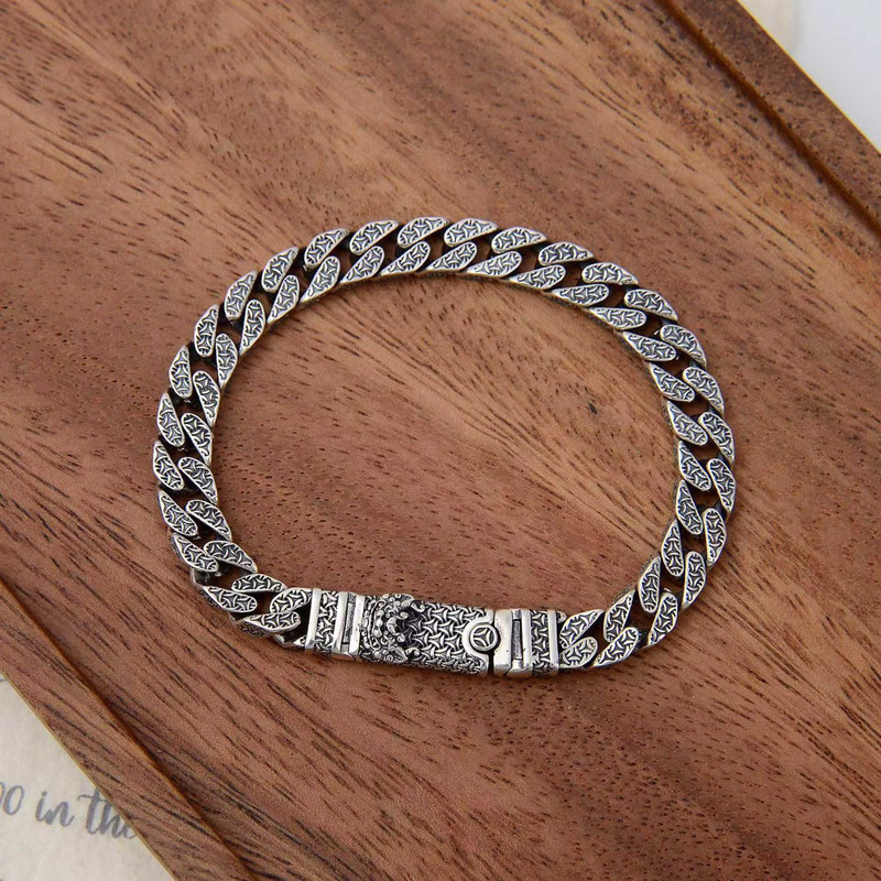 National Fashion Lion Dance Bracelet S925 Sterling Silver Distinctive Men's Mountain Pattern Pattern Cuban Chain Fashion Men's Retro Silver Bracelet