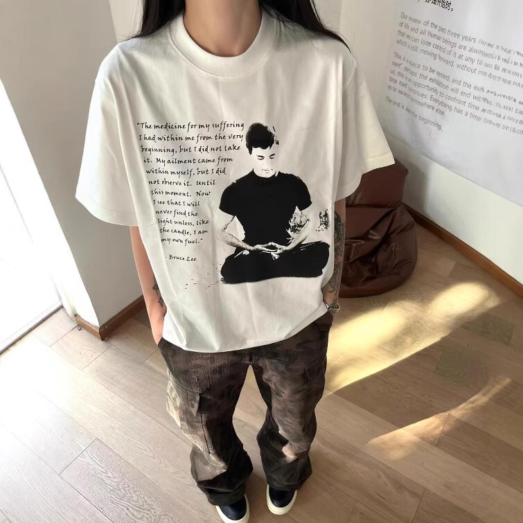 Heavy Weightweight 300g Trendy Brand Bruce Lee Digital Direct Printing Short Wide Boxy Version Short-Sleeved Men's and Women's Summer T-Shirt Cotton