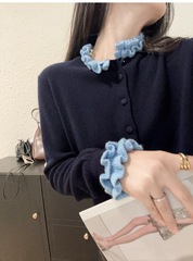 法式灰色木耳边假两件长袖针织开衫女早秋外搭高级感短款上衣外套