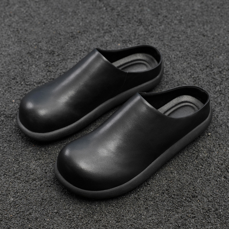 2025 New Genuine Leather Spring Small Potato Big Toe Boken Shoes Men's Slip-On Mule Shoes Outer Wear Toe-Toe Slippers