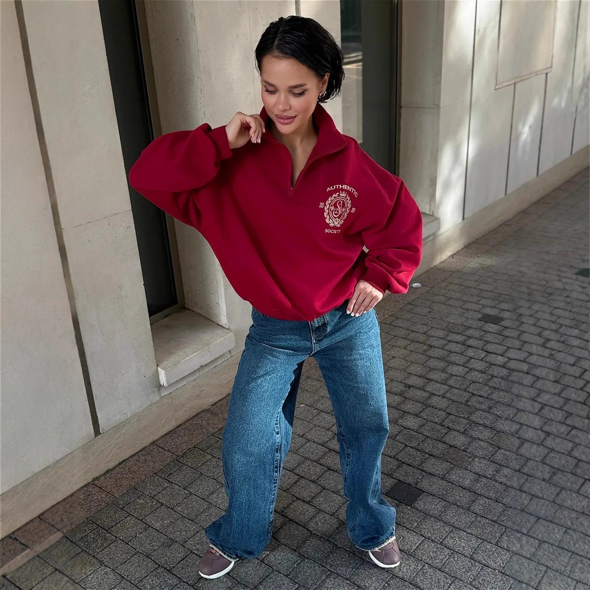 2025 Autumn and Winter European and American Style Fashion Personality Trendy Ins Loose Versatile Thickened High-End Half-Zip Sweatshirt