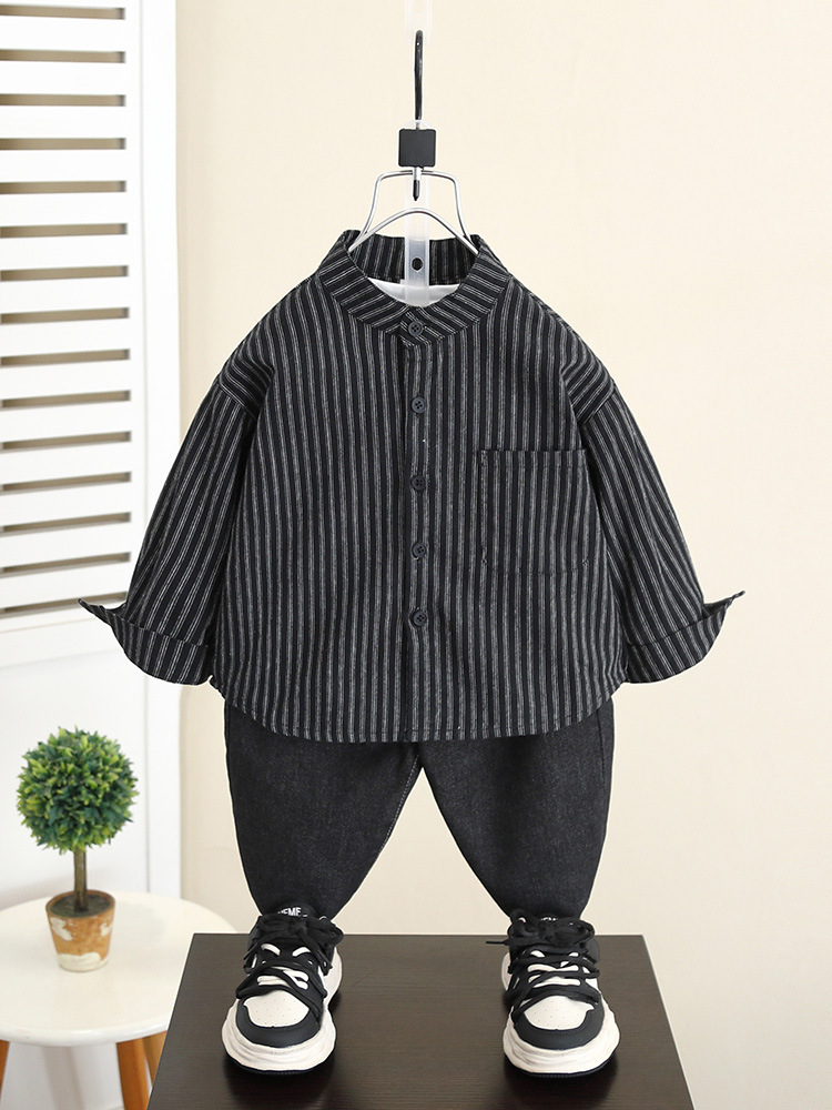 5842 Camisa de manga larga para niños Estilo de primavera y otoño 2024 Nuevo estilo Chaqueta de camisa a rayas de otoño para niños