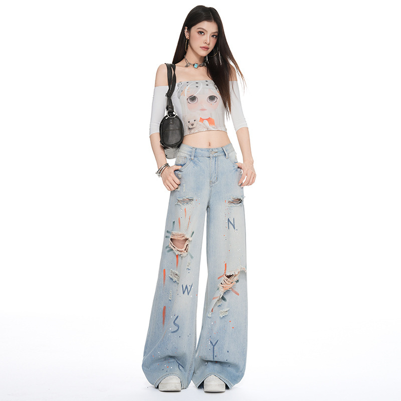 2026 Printed Heavy-Duty Wide-Leg Pants Women's Jeans Straight-Leg Pants Retro Style Jeans for Women