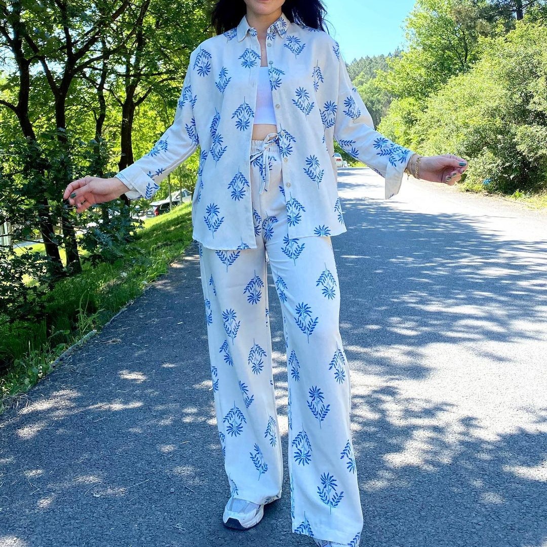 Women's Linen-Blend Lounge Set, Long Sleeve Shirt And High-Waisted Tie-Waist Wide-Leg Pants, Comfortable Two-Piece Outfit For Casual Wear_ecoleips.com