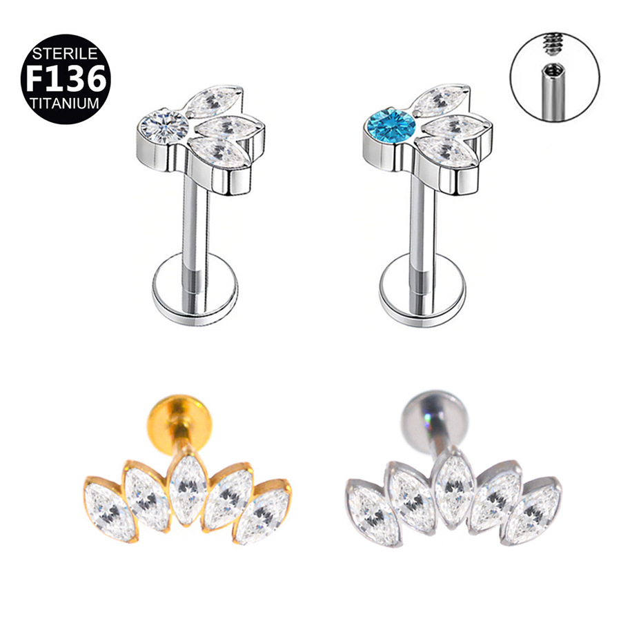 16G 6/8mm 新款G23钛合金穿刺饰品皇冠镶钻焊球唇钉唇环人中钉耳