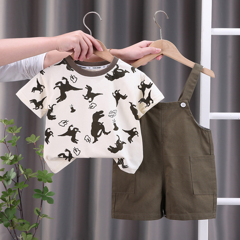 Ensemble de jeu 2 pièces à imprimé dinosaure pour garçon, comprenant un t-shirt à manches courtes et une salopette short, pour les enfants de 0 à 5 ans._voghion.com