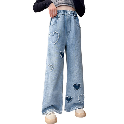 Girls Love Raw Edge Denim Wide Leg Pants 2024 New Pants Children's Loose Medium and Large Children's Outerwear Spring Pants