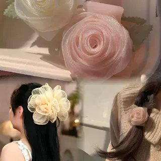 超仙玫瑰花抓夹后脑勺半扎发夹甜美少女心高级气质慵懒网纱发饰头