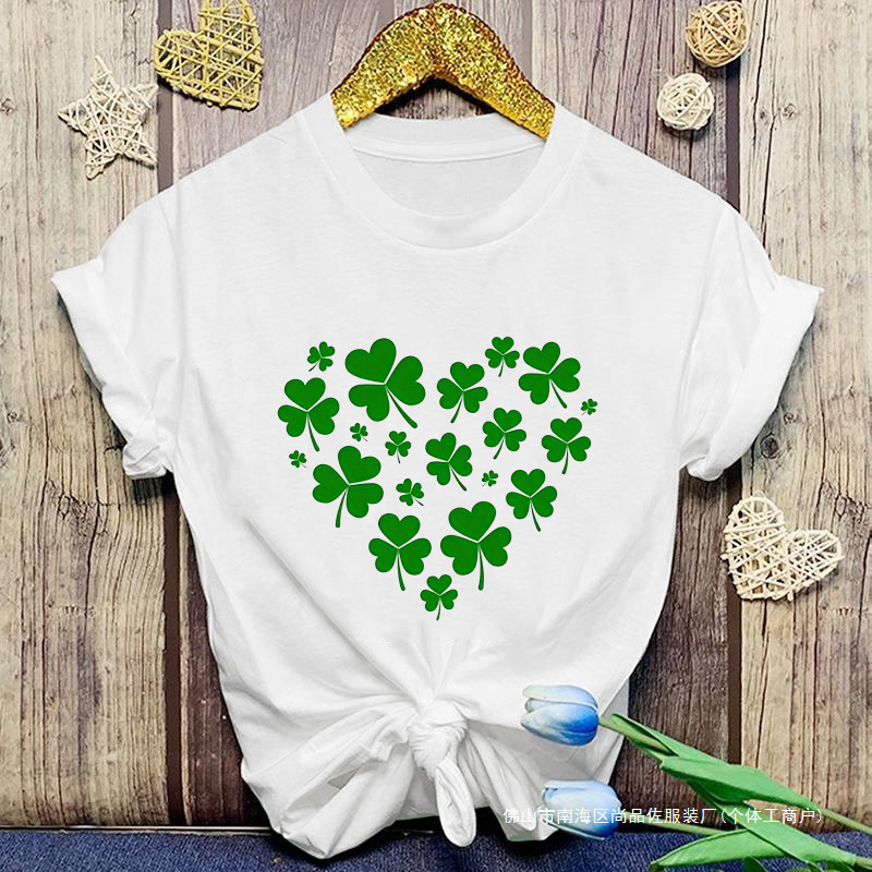 [Cross-border European Code] Women's Personalized Creative St. Patrick's Day Heart Pattern Clover Printed T-shirt