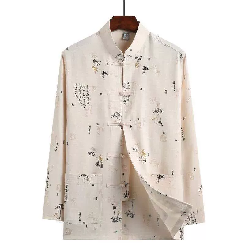 Взрывы в Интернете Мужской костюм Тан для мужчин среднего и пожилого возраста Костюм дедушки из хлопка и льна Компания в китайском стиле покупает рубашку с длинным рукавом Бамбуковый лист