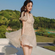 時尚潮牌設計chen21秋季新款甜美法式泡泡袖收腰設計網紗連衣裙女