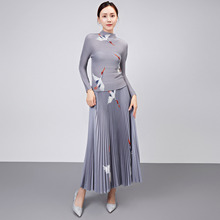 三宅高级感褶皱套装女装跨境欧美秋季仙鹤印花上衣半裙减龄两件套