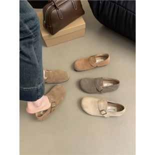 Genuine Leather Birkenstock Shoes for Women in Autumn and Winter Fleece-Lined Warm Cotton Shoes Retro Japanese Style Style Ugly Cute Flats Slip-On Flats Loafers