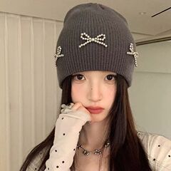 韩国博主同款蝴蝶结针织毛线帽秋冬ins大头围百搭时尚护耳冷帽女