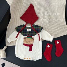 婴儿秋冬新款包屁衣男女宝宝可爱针织爬服宝宝节庆圣诞长袖连体衣