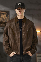 ALLIN复古翻领皮衣2025秋季新款通勤PU皮夹克情侣机车服外套黑色