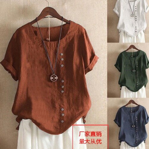  Amazon Wish AliExpress Women's Retro Cotton Linen Loose Short Sleeve Casual T-Shirt In Stock Trend Brand