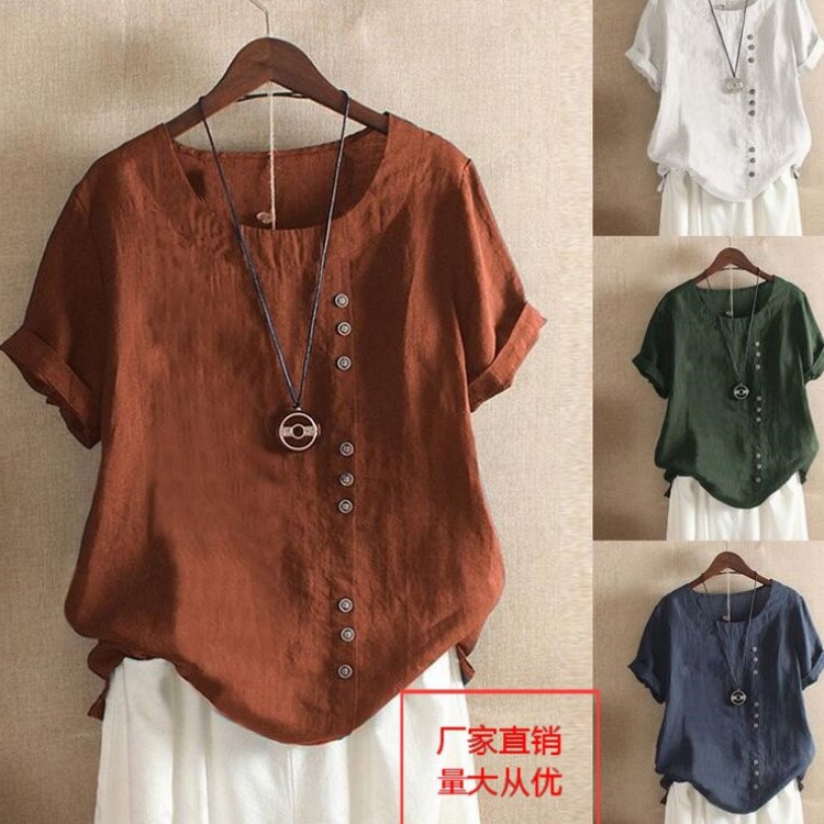 2023 Amazon Wish Aliexpress Women's Retro Cotton and Linen Loose Short-Sleeved Casual T-Shirts in Stock Trendy Brands
