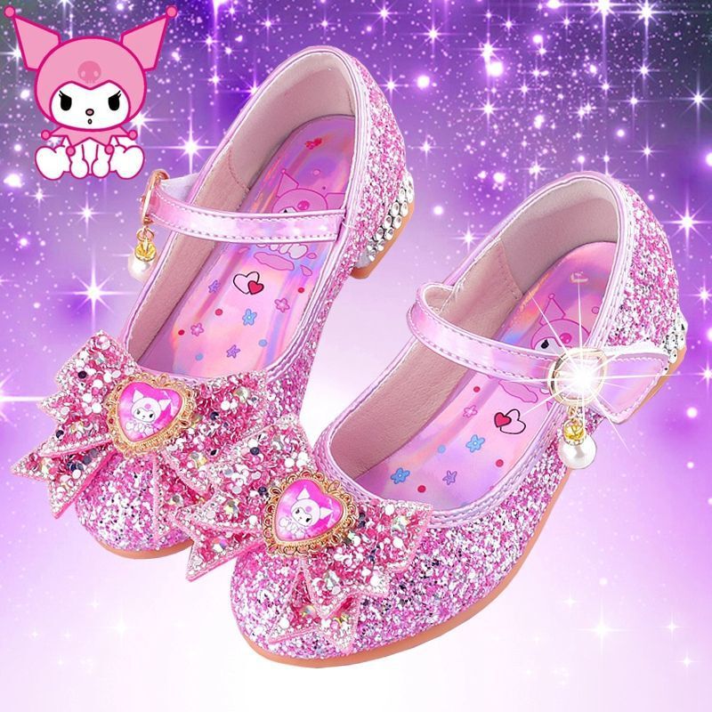 Purple Kuromi 3-4567 Years Old Crystal Shoes Girls' High Heels Spring and Autumn Style Kidsren's Princess Shoes Little Girls' Leather Shoes