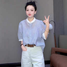 大码女装通勤上班族穿搭今年2025新款夏季韩系风蓝色显瘦衬衣女装