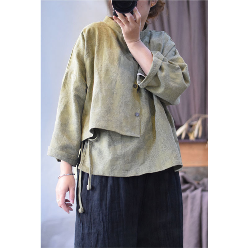 Yingchun design washed linen brushed jacquard inner lace-up outer placket button retro style shirt for women 23075