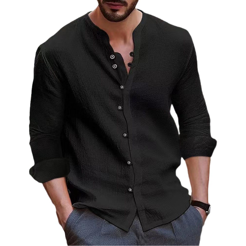 2024 Transbordador Amazon eBay Camisa de manga larga con botones casuales de algodón y lino de color sólido retro para hombre