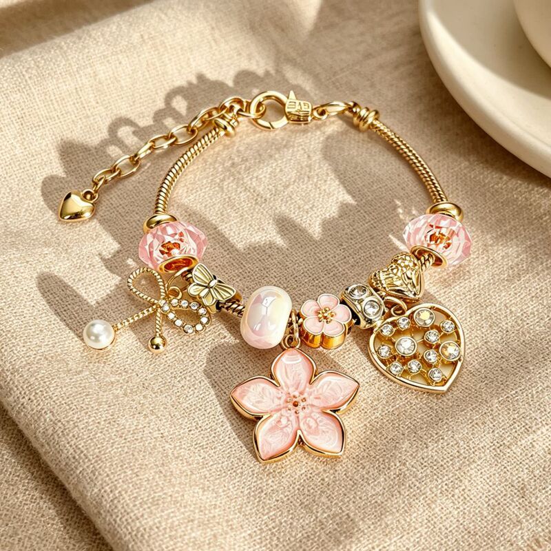 Gentle Gold Powder Cherry Blossom Bow Beaded Bracelet for Women with Diamond-Encrusted Hollow Heart Adjustable Snake Bone Chain Accessories Wholesale Gentle Gold Powder Cherry Blossom Bow Beaded Bracelet for Women with Diamond-Encrusted Hollow Heart Adjustable Snake Bone Chain Accessories Wholesale