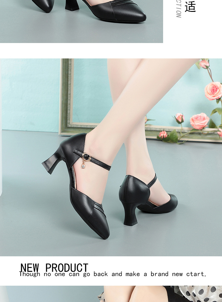 Dép sandal nữ quai chữ V mũi hở, gót dày da thật, giày công sở mùa hè — Màu be chi tiết 14