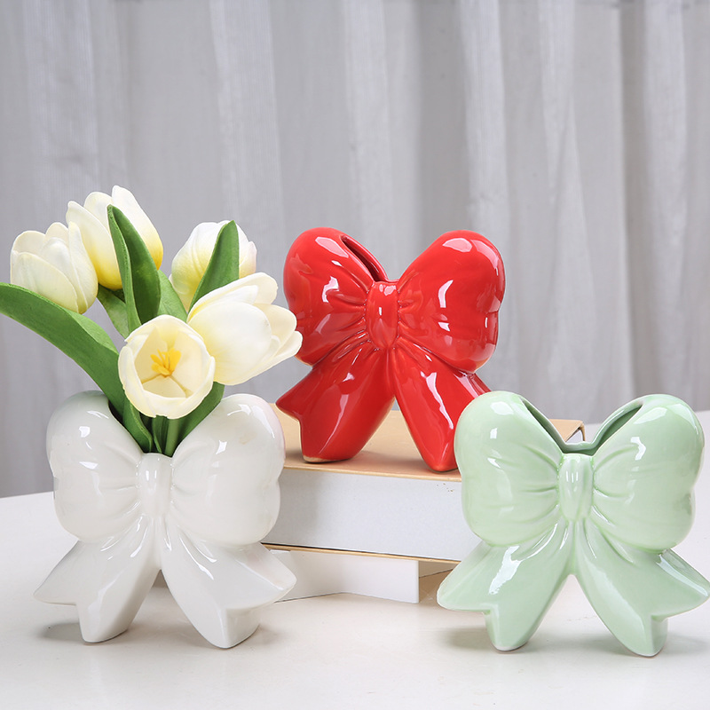 Elegant Simple Ceramic Bow Vase Pink light green White Desktop European Decorative Ornaments Holiday Gifts Elegant Simple Ceramic Bow Vase Pink light green White Desktop European Decorative Ornaments Holiday Gifts