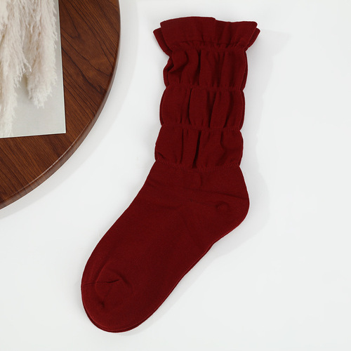 Pile socks, women's middle tube, autumn, solid color, simple twist socks, embossed breathable texture, Korean series, ins, fashionable cotton socks