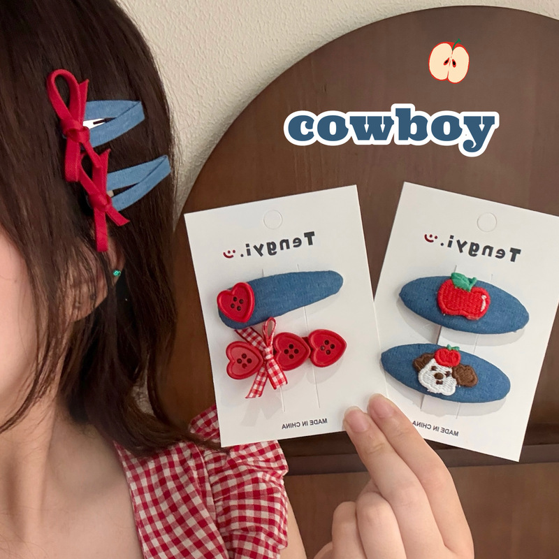 レトロデニムアップルヘアピンサイドクリップフルーツガール前髪クリップ学生多用途ヘアクリップかわいい子供のヘアアクセサリー|undefined