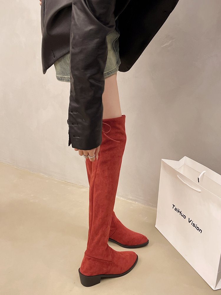 2024 new plus size versatile velvet style knee high fashion pointed thick heel slim elastic long boots_voghion.com