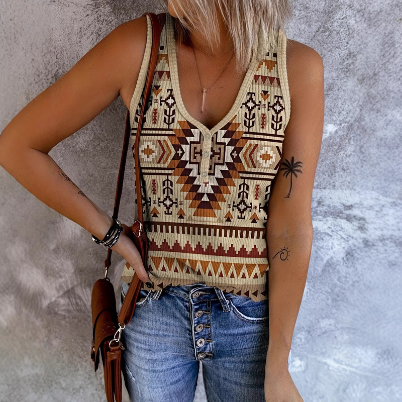 Cross-Border Hot-Selling Independent Site Shein Women's Western Ethnic Style Printed V-Neck Vest with Buttons, Sleeveless, Retro Style Cross-Border Hot-Selling Independent Site Shein Women's Western Ethnic Style Printed V-Neck Vest with Buttons, Sleeveless, Retro Style