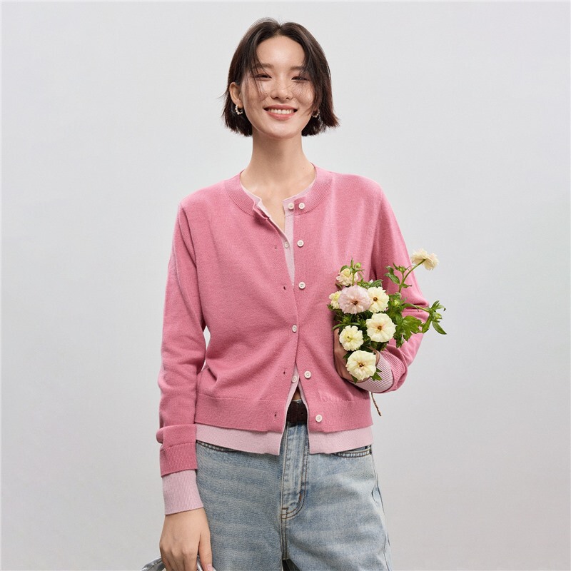 Whalehoo Korean-style color-blocking faux two-piece wool knit cardigan for women, new spring model, M*iu style, round-neck casual top