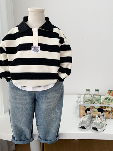 Children's Spring and Autumn Fashion Korean Version 2024 New Arrival Middle and Big Kids Loose Striped Alphabet Boy Long Sleeve Hoodie Trendy