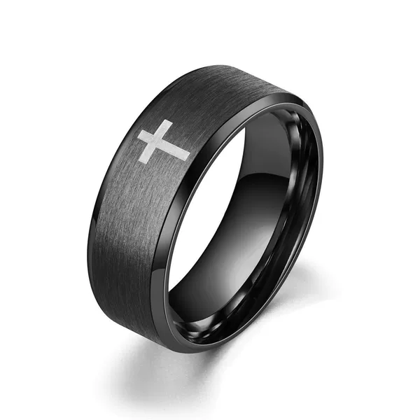 European and American cross-border high-end men's stainless steel ring, 8mm beveled edge laser-engraved ring, stylish and simple cross design