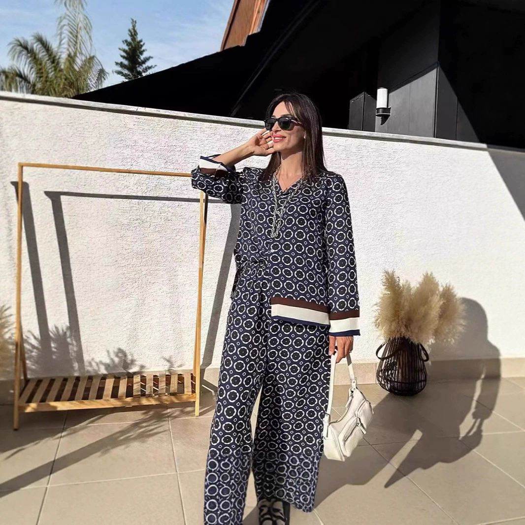 Европейская и американская внешняя торговля, трансграничная новая мода, повседневный костюм, рубашка с длинными рукавами и принтом, брюки с высокой талией, комплект из двух предметов для женщин