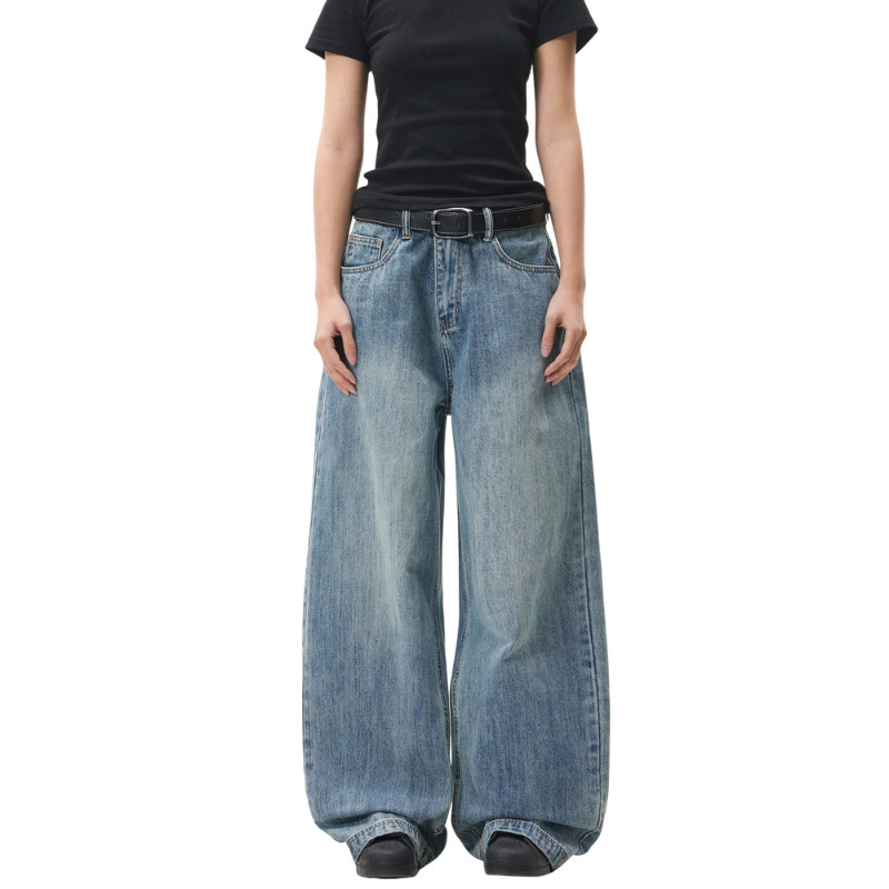 Denim Factory Customized Oemodm Retro Washed Blue Straight Jeans Women's American Fashion Brand Wide-Leg Long Pants Denim Factory Customized Oemodm Retro Washed Blue Straight Jeans Women's American Fashion Brand Wide-Leg Long Pants