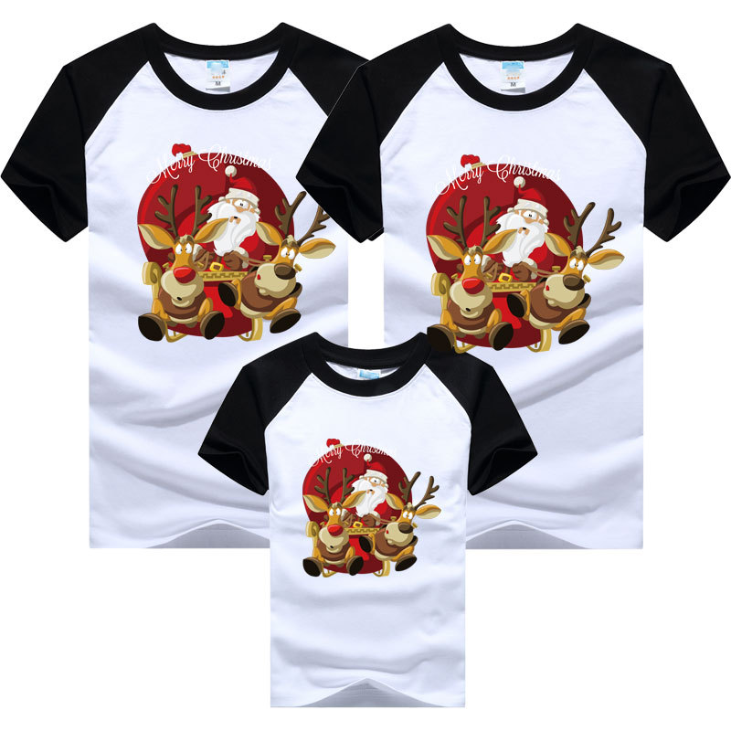 Camiseta de manga corta para padres e hijos 2024 Navidad árbol de Navidad ropa para niños europeos y americanos cuello redondo manga raglán color a juego superior