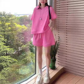 微胖大码休闲夏装小众时尚高级感减龄粉色套头圆领短袖两件套女装