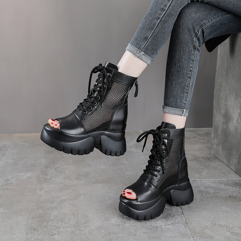 Sandal da bò cao gót 9 cm quai buộc dây hở mũi — màu đen