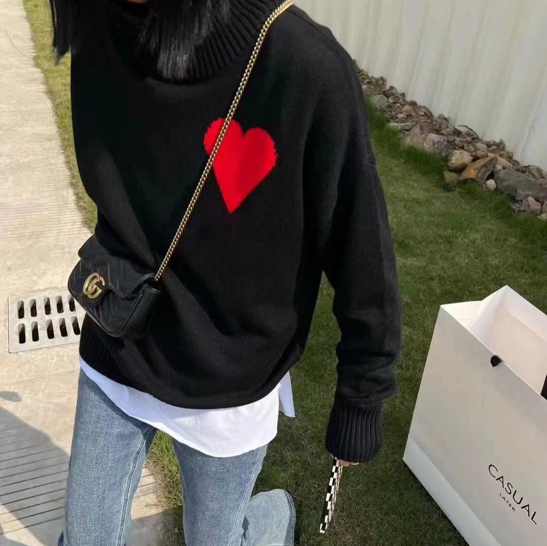 De gama alta AMI pesado Otoño e Invierno amor francés Jacquard hombres y mujeres de cuello alto suelto simple suéter de punto