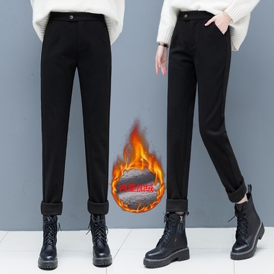 毛呢小腳休閑褲女高腰2020冬季新款百搭直筒女褲加絨加厚哈倫褲子