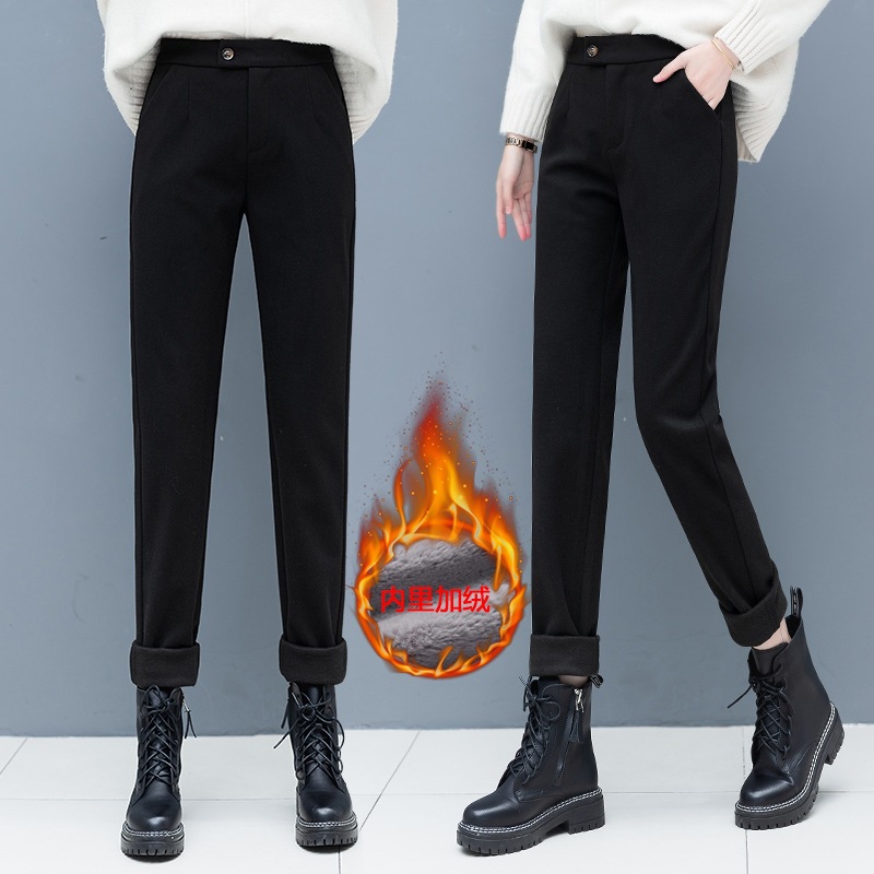 毛呢小腳休閑褲女高腰2020冬季新款百搭直筒女褲加絨加厚哈倫褲子